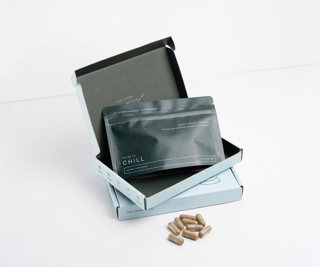 Experience sustainability at its finest with our eco-friendly packaging. Our Ready To Chill stress support capsules come in a home-compostable pouch and FSC-certified box. Plus, our products are printed in plant-based soy ink that supports easier recycling. Join us in making a plastic-free difference.
